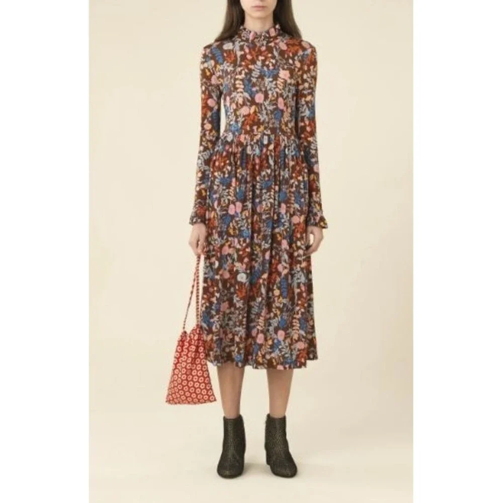 STINE GOYA Clarabelle Midi Dress Brown Floral Ruffles Knit Jersey Flowy‎ Size 4